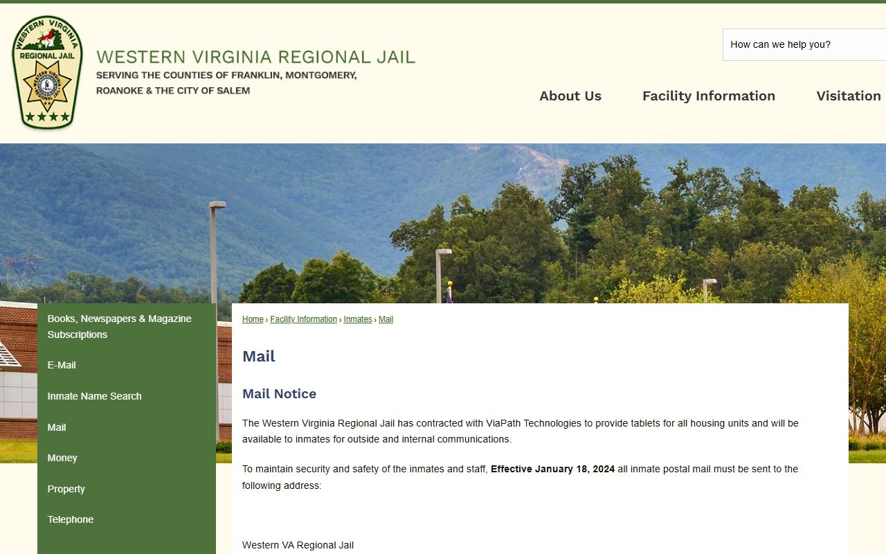 Western Virginia Regional Jail inmate mail rules